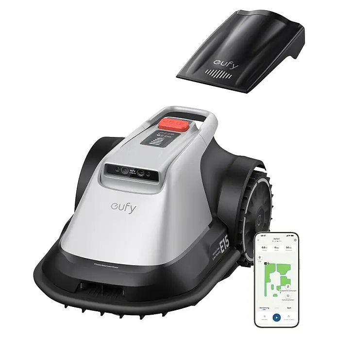 Eufy Mähroboter-Set E15 inkl. Garage - 800 m², Schnittbreite: 20,3 cm, Kamera-gestützte Navigation, GPS - Eufy Mähroboter im Fokus: Intelligente Rasenpflege mit App-Steuerung für einen perfekten Garten.