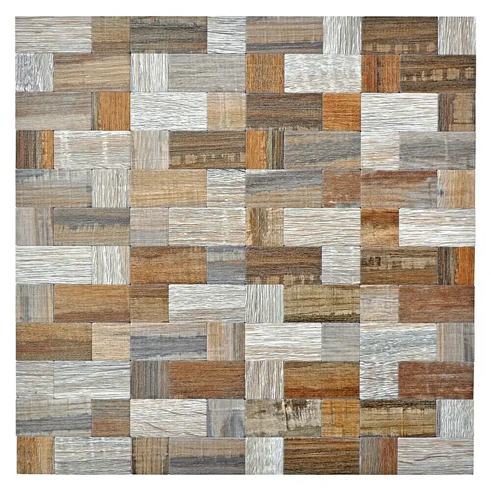 Selbstklebemosaik SAM 4MW87M - 30,5 x 30,5 cm, Grau/Beige, Matt - Nahaufnahme eines Mosaiks aus Holzimitatfliesen in verschiedenen Farben und Mustern für Wand- und Bodengestaltung.