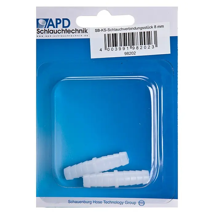 Petzetakis KS-Schlauchverbinder - Durchmesser: 8 mm - SB-KS-Schlauchverbindungsstück 8 mm von APD Schlauchtechnik in der Verpackung.