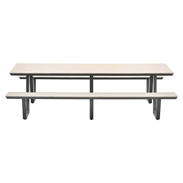 Garden Impressions Picknicktisch Bell - L x B x H: 280 x 178 x 75 cm, Aluminium, Vironwood, Schwarz/Hellbraun - Heller Holztisch mit angebauten Bänken und dunkelgrauem Metallgestell.