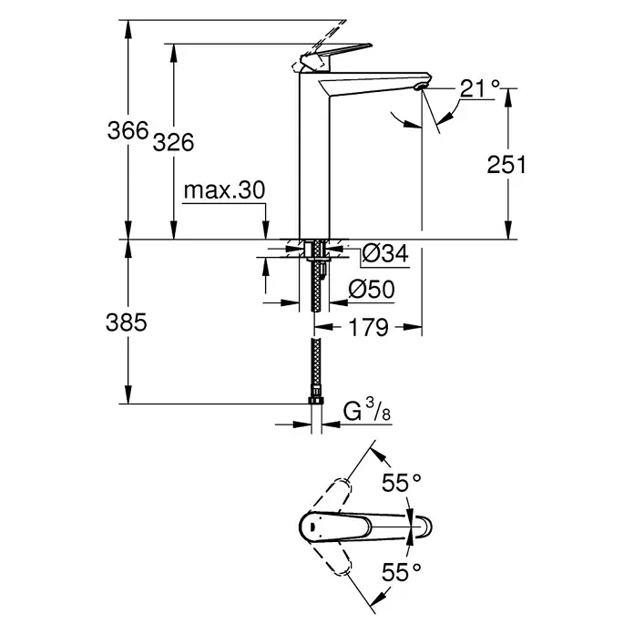 Grohe Eurodisc Cosmopolitan Waschtischarmatur XL-Size - Chrom, Glänzend - Technische Zeichnung einer Armatur mit Maßangaben zu Höhe, Ausladung und Anschlüssen, inklusive Griffwinkel für detaillierte Installationsplanung.