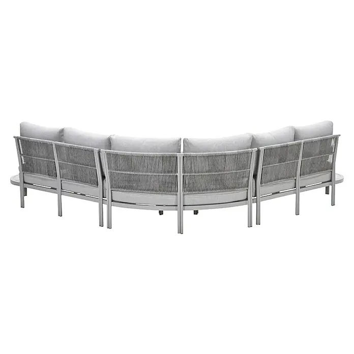 Garden Impressions Loungemöbel-Set Frigole - 5 -tlg., Aluminium, Taupe/Sand - Gekrümmtes hellgraues Outdoor-Modulsofa mit geflochtenen Seilrückenlehnen und hellgrauen Kissen.