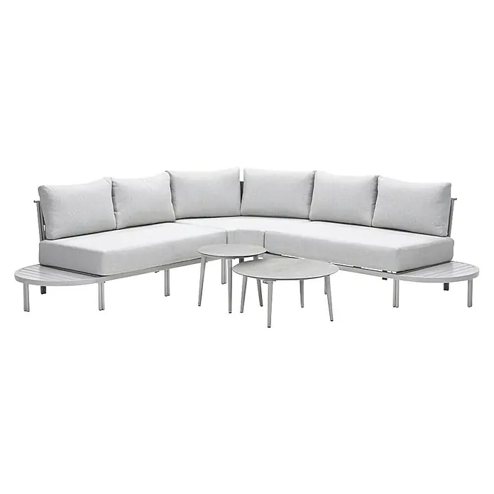 Garden Impressions Loungemöbel-Set Frigole - 5 -tlg., Aluminium, Taupe/Sand - Helles graues modulares Outdoor-Ecksofa mit angebauten Beistelltischen und drei runden Beistelltischen für bequemes Entspannen.