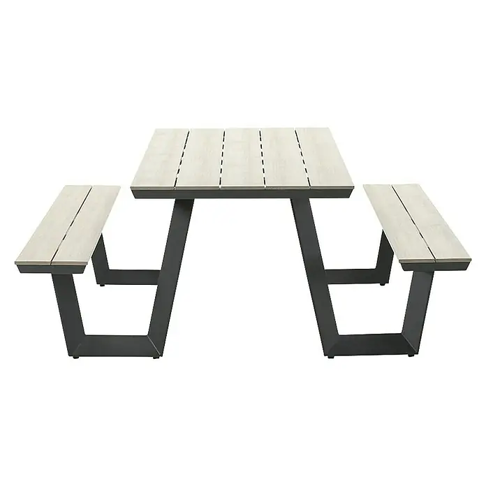 Garden Impressions Picknicktisch Bell - L x B x H: 200 x 178 x 75 cm, Aluminium, Vironwood, Schwarz/Hellbraun - Moderner Picknicktisch mit hellen Holzlatten und dunkelgrauem Metallgestell, ideal für Mahlzeiten im Freien.