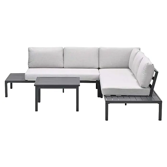 Garden Impressions Loungemöbel-Set Prinos - 4 -tlg., Aluminium, Grau/Schwarz - Graues modulares Outdoor-Ecksofa mit weißen Kissen und zwei passenden Beistelltischen.