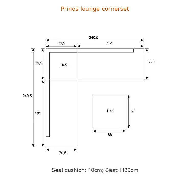 Garden Impressions Loungemöbel-Set Prinos - 4 -tlg., Aluminium, Grau/Schwarz - Prinos Lounge-Eckgarnitur Maßzeichnung: L-Sofa (240,5x240,5cm) und 69x69cm Ottomane. Sitzhöhe 39cm.