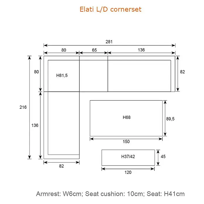 Garden Impressions Loungemöbel-Set Elati -  - Bemaßte Zeichnung eines Elati L/D Ecksofas, detaillierte Gesamt- und Komponentenmaße einschließlich Armlehne, Sitzfläche und Kissen.