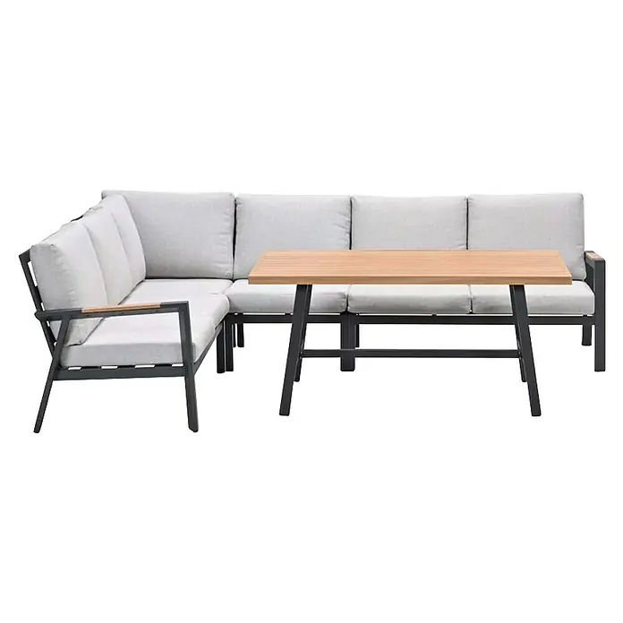 Garden Impressions Loungemöbel-Set Elati -  - L-förmiges Outdoor-Sofa mit hellgrauen Kissen und dunkelgrauem Metallgestell, kombiniert mit einem rechteckigen Holztisch.