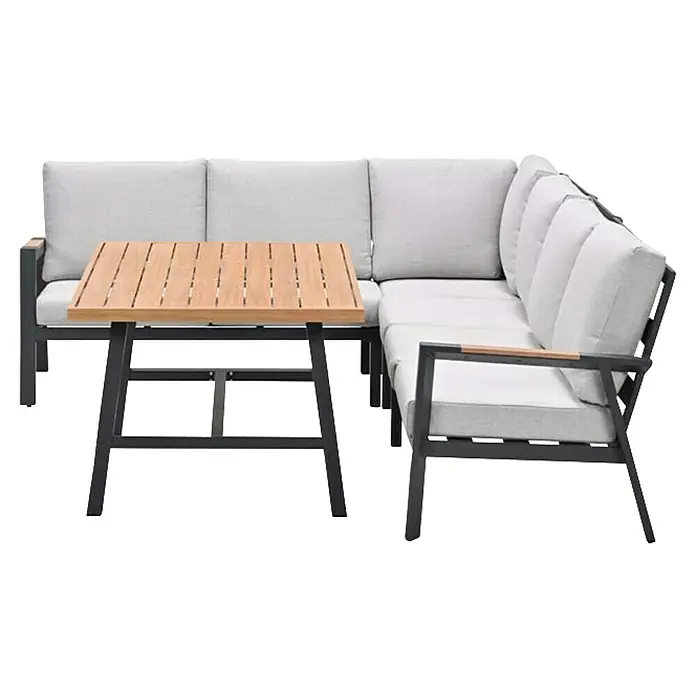 Garden Impressions Loungemöbel-Set Elati -  - L-förmige Outdoor-Lounge-Sitzgruppe mit hellgrauen Kissen, dunkelgrauem Metallrahmen und passendem Couchtisch mit heller Holzplatte.