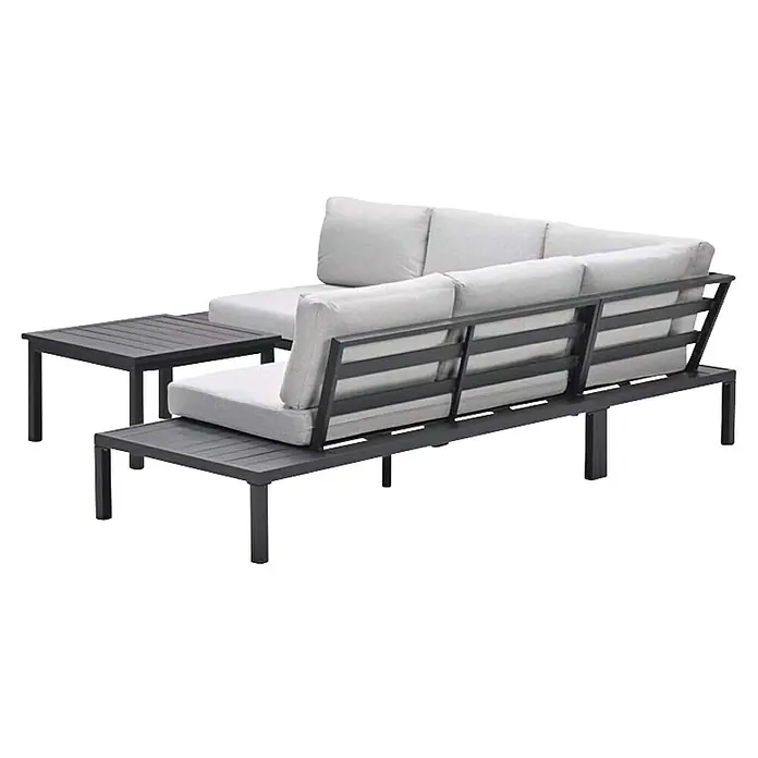 Garden Impressions Loungemöbel-Set Prinos - 4 -tlg., Aluminium, Grau/Schwarz - Dunkelgraues Outdoor-Ecksofa aus Metall mit hellgrauen Kissen und passendem Couchtisch.