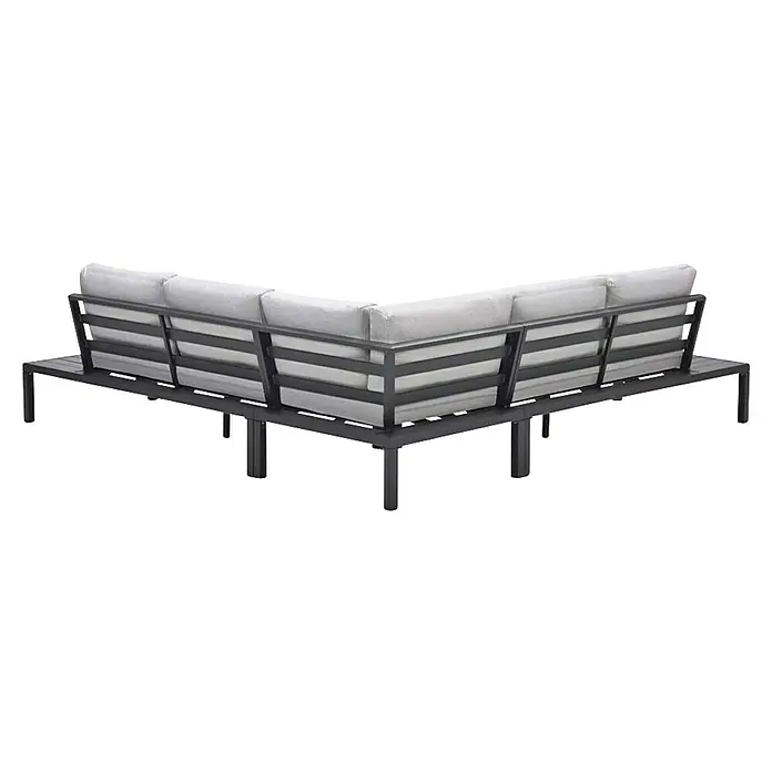 Garden Impressions Loungemöbel-Set Prinos - 4 -tlg., Aluminium, Grau/Schwarz - L-förmiges Outdoor-Ecksofa mit dunkelgrauem Gestell und hellgrauen Polstern, von hinten gesehen.