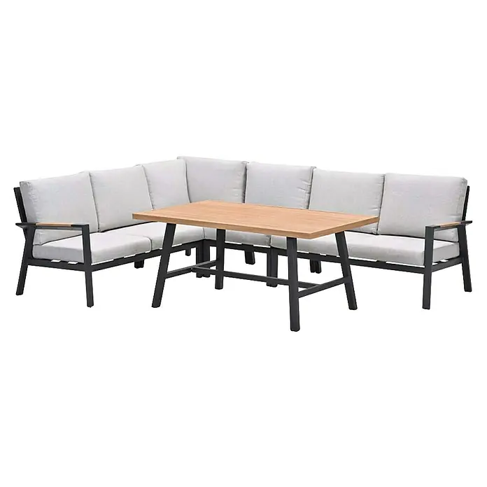 Garden Impressions Loungemöbel-Set Elati -  - Outdoor-Ecklounge-Set mit dunkelgrauem Gestell, hellen Kissen und hellem Holztisch sowie Armlehnendetails.