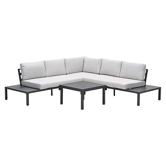 Garden Impressions Loungemöbel-Set Prinos - 4 -tlg., Aluminium, Grau/Schwarz - L-förmiges Outdoor-Loungesofa mit weißen Kissen, dunkelgrauem Gestell, integrierten Beistelltischen und einem Couchtisch.