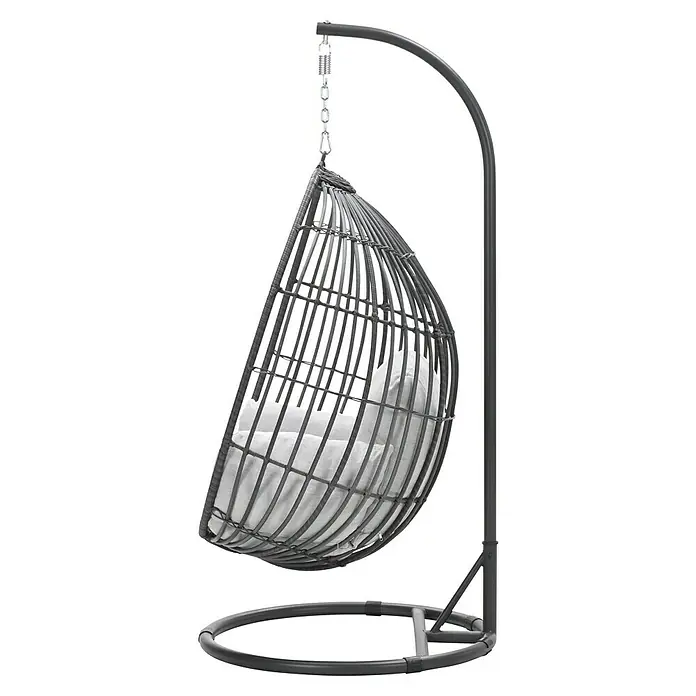 Garden Impressions Hängesessel Panama - L x B x H: 100 x 100 x 200 cm, Kunststoff, Schwarz/Grau - Dunkelgrauer Hänge-Eiersessel mit Metallgestell und weißen Kissen.