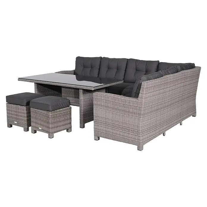 Garden Impressions Loungemöbel-Set Blue Bird - 5 -tlg., Aluminium, Polyester, Grau/Schwarz, Rechts - Graues Polyrattan-Garten-Ecksofa mit Glastisch und zwei passenden Hockern, mit dunkelgrauen Kissen.