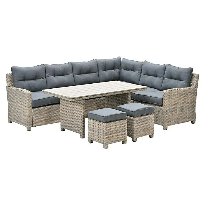 Garden Impressions Loungemöbel-Set Seagull - Rechtsausrichtung - Outdoor-Ecksofa-Essgruppe aus hellgrauem Rattan mit dunkelgrauen Kissen, inklusive Tisch und zwei Hockern.