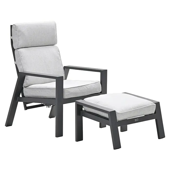 Garden Impressions Garten-Positionssessel Max - 1 Stk., Aluminium, Grau/Schwarz, B x T x H: 78 x 72 x 107 cm - Dunkelgrauer Metall-Outdoor-Sessel mit hellgrauen Stoffpolstern und passendem Hocker.