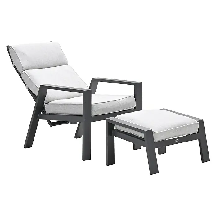 Garden Impressions Garten-Positionssessel Max - 1 Stk., Aluminium, Grau/Schwarz, B x T x H: 78 x 72 x 107 cm - Outdoor Lounge-Sessel und Hocker-Set mit dunkelgrauem Metallrahmen und hellgrauen Kissen.