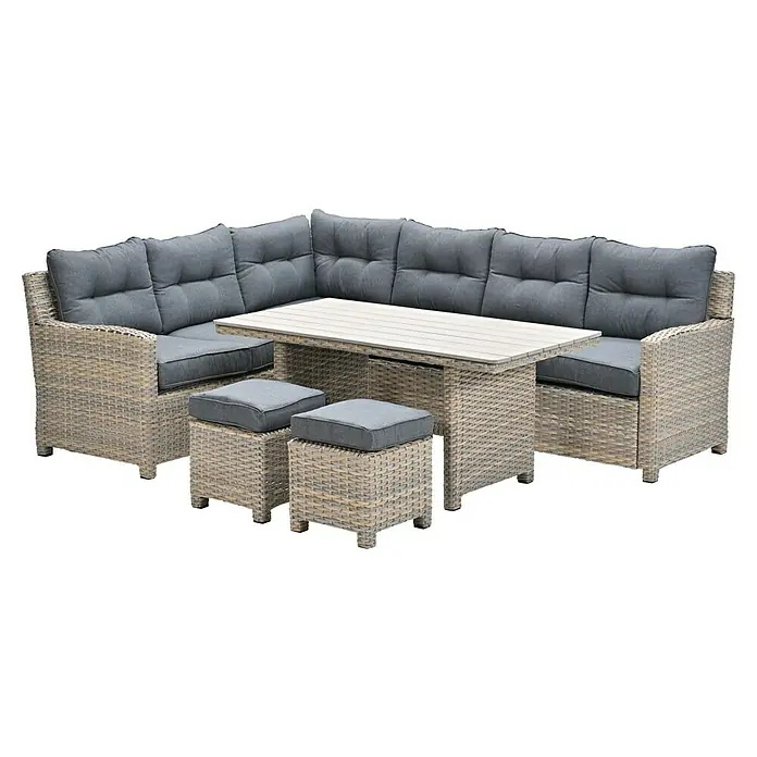 Garden Impressions Loungemöbel-Set Seagull - Linksausrichtung - Hellgraues Rattan-Eckgartensofa-Set mit dunkelgrauen Kissen, rechteckigem Tisch und zwei Hockern.