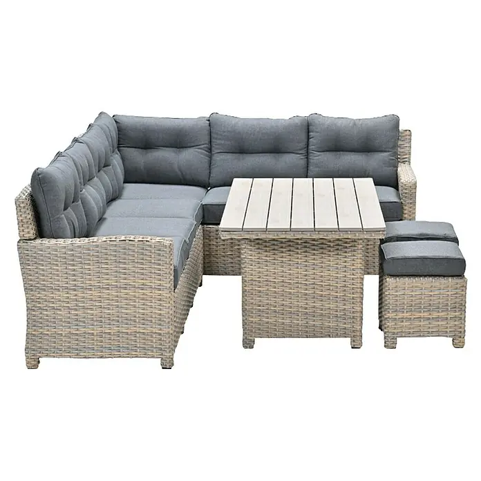 Garden Impressions Loungemöbel-Set Seagull - Rechtsausrichtung - Graues Rattan-Ecklounge-Set mit hellem Holztisch und Ottomane, grauen Kissen, für den Außenbereich.