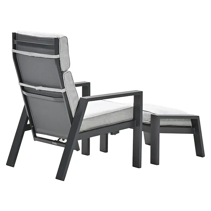 Garden Impressions Garten-Positionssessel Max - 1 Stk., Aluminium, Grau/Schwarz, B x T x H: 78 x 72 x 107 cm - Verstellbarer grauer Metall-Liegestuhl mit hellgrauen Kissen und Fußhocker.