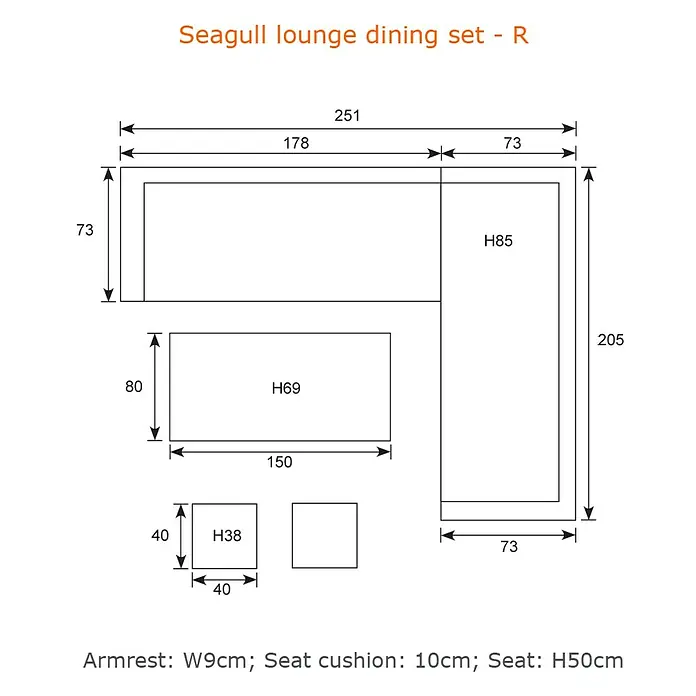 Garden Impressions Loungemöbel-Set Seagull - Rechtsausrichtung - Maßzeichnung eines Seagull Lounge-Esszimmersets, das ein L-förmiges Sofa, einen rechteckigen Tisch und zwei quadratische Hocker mit Maßen zeigt.