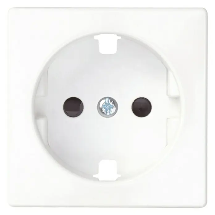 Simon 82 Tapa para mecanismo enchufe 2 P+TT - Blanco, Aluminio - Primer plano de un enchufe blanco que muestra la configuración estándar de la UE con dos orificios redondos y un pin de conexión a tierra.