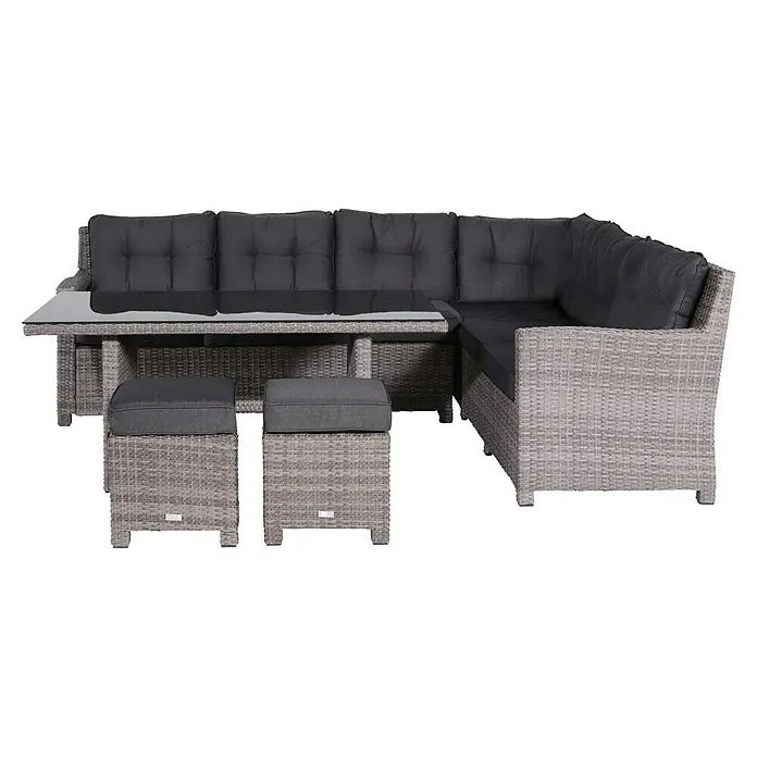 Garden Impressions Loungemöbel-Set Blue Bird - 5 -tlg., Aluminium, Polyester, Grau/Schwarz, Rechts - Graues Rattan-Ecksofa-Essgruppe mit Glastisch und zwei Hockern, dunklen Kissen.