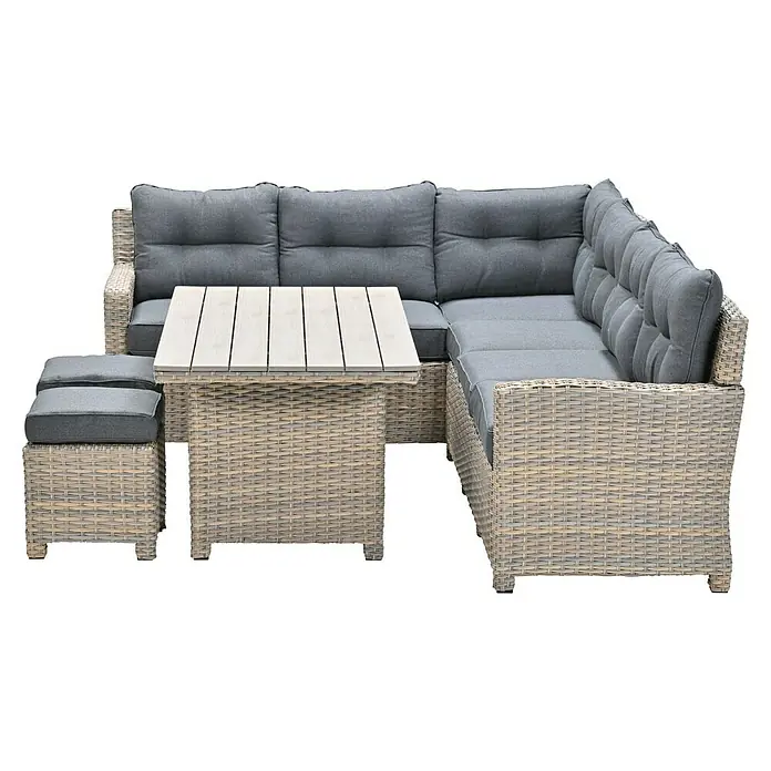 Garden Impressions Loungemöbel-Set Seagull - Linksausrichtung - Gartenecksofa-Set aus grauem Rattan mit dunkelgrauen Kissen, Tisch und Hocker für Terrasse oder Garten.