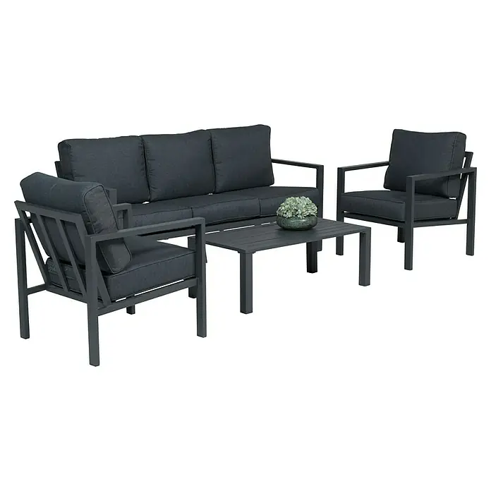 Garden Impressions Loungemöbel-Set Springs - 4 -tlg., Aluminium, Grau/Schwarz - Dunkelgraue Outdoor-Sitzgruppe mit Sofa, zwei Sesseln und Couchtisch. Robuste Metallrahmen und bequeme Stoffpolster für Terrasse oder Garten.