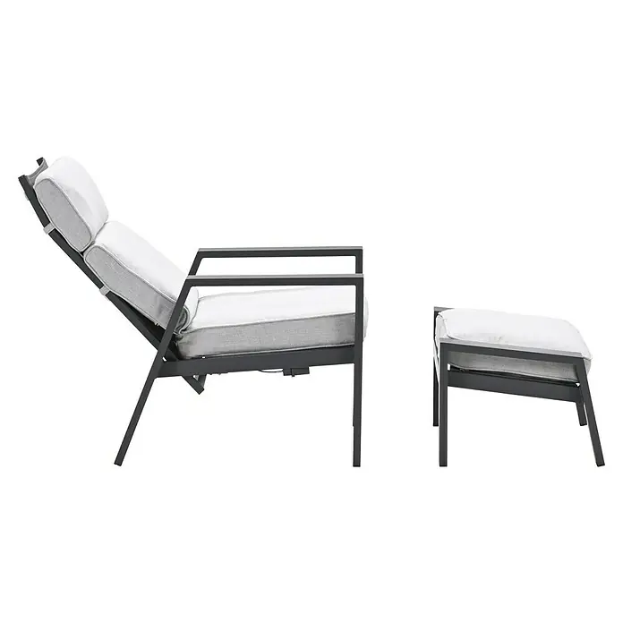 Garden Impressions Garten-Positionssessel Max - 1 Stk., Aluminium, Grau/Schwarz, B x T x H: 78 x 72 x 107 cm - Loungesessel und Hocker aus grauem Metall mit hellgrauen Polstern.