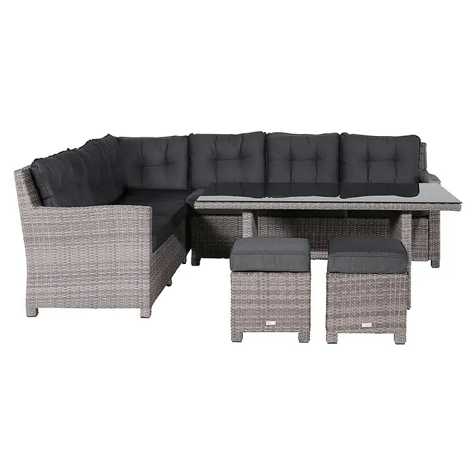 Garden Impressions Loungemöbel-Set Blue Bird - 5 -tlg., Aluminium, Polyester, Grau/Schwarz, Links - Hellgraue Outdoor-Lounge-Essgruppe aus Polyrattan mit dunkelgrauen Kissen und Glastisch.