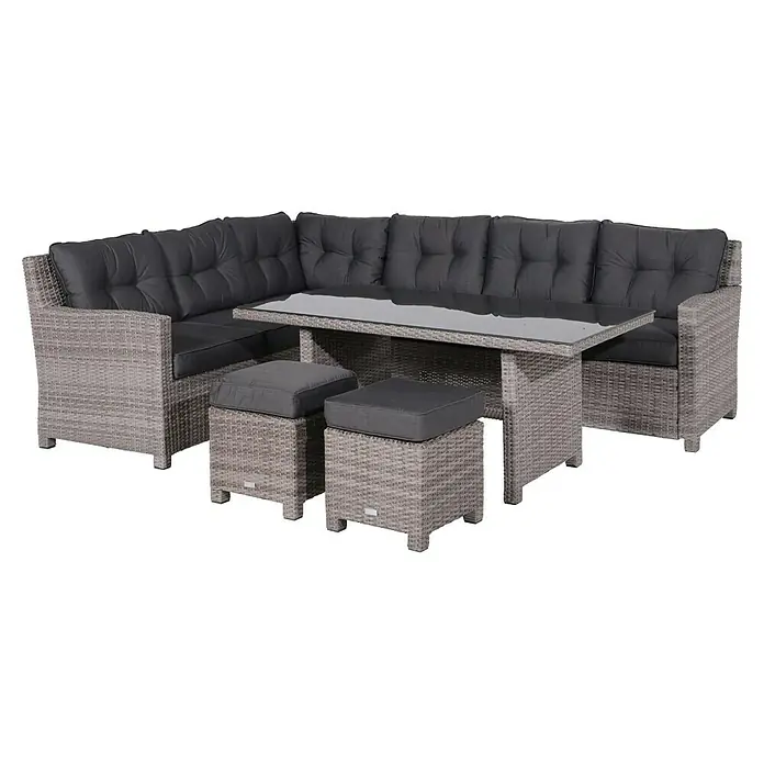 Garden Impressions Loungemöbel-Set Blue Bird - 5 -tlg., Aluminium, Polyester, Grau/Schwarz, Links - Graue Rattan-Ecksofa-Garnitur mit dunkelgrauen Kissen, Glastisch und zwei Hockern für den Außenbereich.