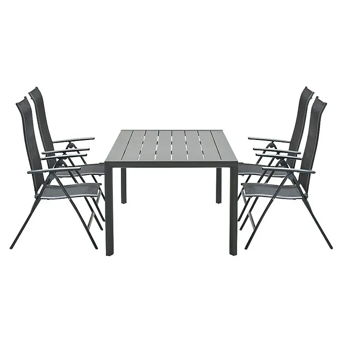 Garden Impressions Garten-Positionssessel Limone - Aluminium, Klappbar, Schwarz/Anthrazit, B x T x H: 71,5 x 60 x 110 cm - Dunkelgraue Terrassen-Essgruppe aus Metall mit Lattenrosttisch und vier Klappstühlen.