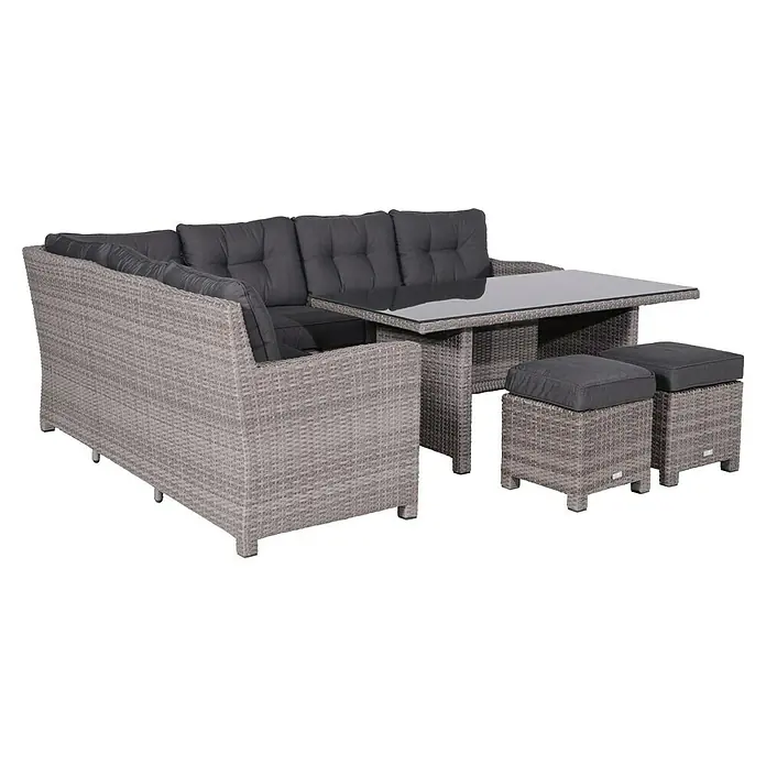 Garden Impressions Loungemöbel-Set Blue Bird - 5 -tlg., Aluminium, Polyester, Grau/Schwarz, Links - Hellgraues Rattan-Ecksofa-Esstisch-Set mit dunkelgrauen Kissen, Glastisch und zwei Hockern.