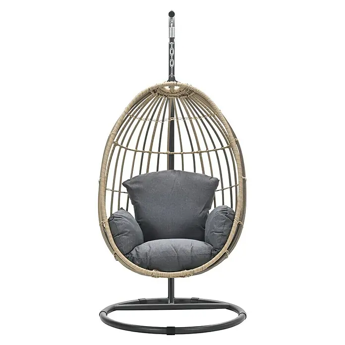 Garden Impressions Hängesessel Panama - L x B x H: 100 x 100 x 200 cm, Kunststoff, Schwarz/Beige - Freistehender Eier-Schaukelstuhl mit hellem Rattangeflecht, dunklem Metallgestell und grauen Kissen.