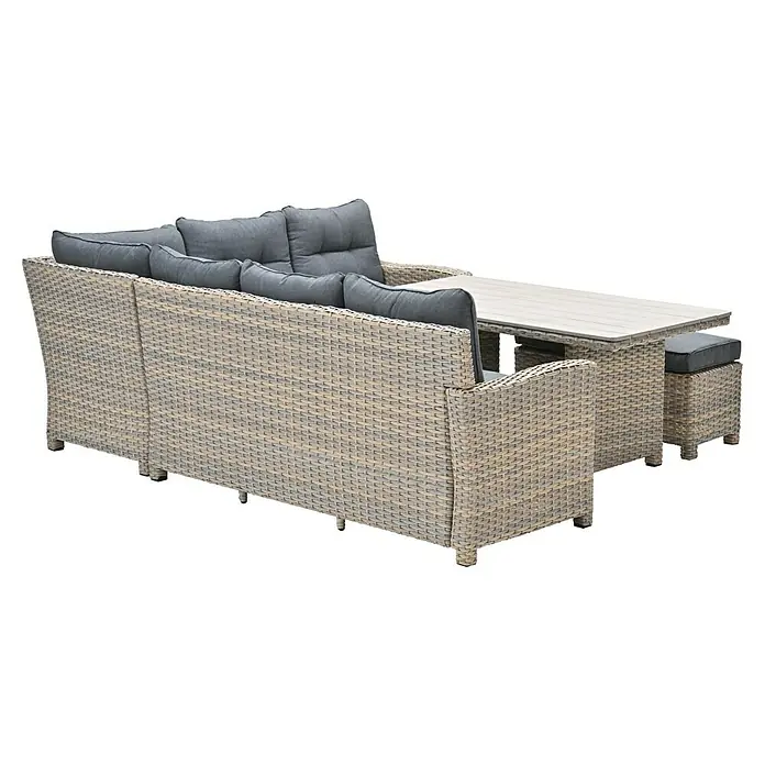 Garden Impressions Loungemöbel-Set Seagull - Rechtsausrichtung - Helles graues Rattan-Gartenmöbelset mit dunkelgrauen Kissen, bestehend aus Sofa, Tisch und Hocker.