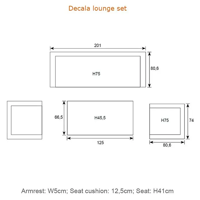 Garden Impressions Loungemöbel-Set Decala - 4 -tlg., Aluminium, Beige - Technische Zeichnung einer Decala Lounge Set, mit Draufsicht und Seitenansicht und detaillierten Maßen der Komponenten.