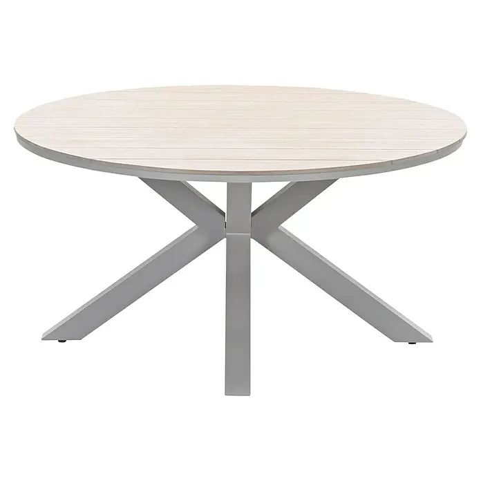 Garden Impressions Gartentisch rund Edison - Ø x H: 148 x 75 cm, Aluminium, Vironwood, Taupe - Runder Tisch mit heller Holzplatte und grauem sternförmigem Metallgestell.