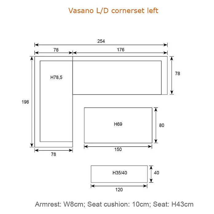 Garden Impressions Loungemöbel-Set Vasano - 4 -tlg., Aluminium, Keramik, Polyester, Links, Schwarz/Beige - Schema eines Vasano L/D Ecksofas links mit Gesamtmaßen, Einzelteilgrößen und Details zu Armlehne und Sitzhöhe.
