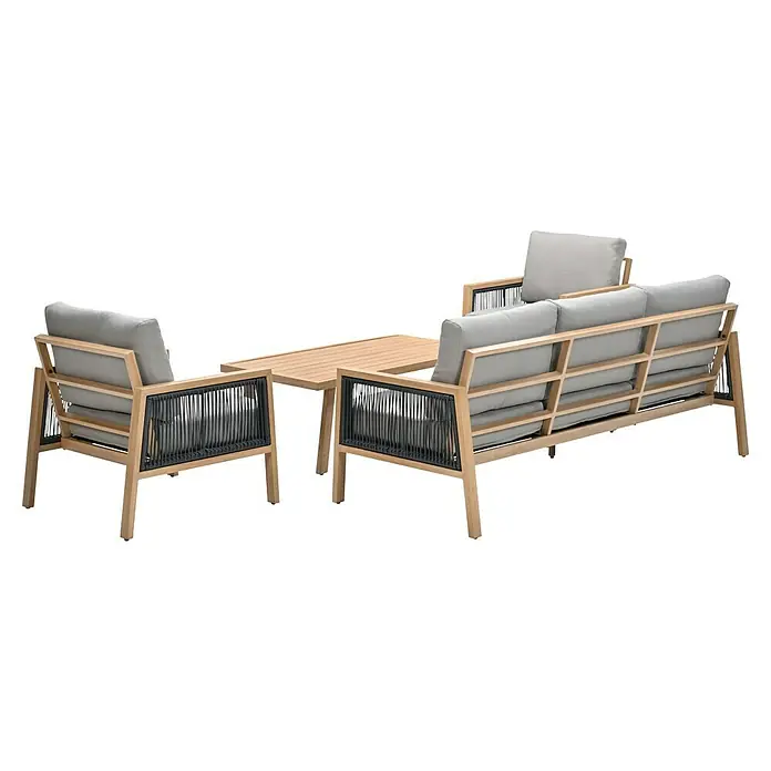 Garden Impressions Loungemöbel-Set Decala - 4 -tlg., Aluminium, Beige - Outdoor Lounge-Set aus hellem Holz mit dunklen Geflechtseiten, hellgrauen Kissen und passendem Couchtisch.