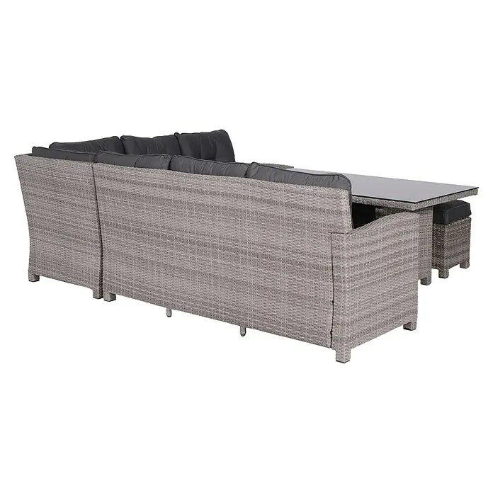 Garden Impressions Loungemöbel-Set Blue Bird - 5 -tlg., Aluminium, Polyester, Grau/Schwarz, Rechts - Hellgraue Rattan-Garten-Ecksofa-Garnitur mit dunkelgrauen Kissen, passendem Tisch und Hocker.