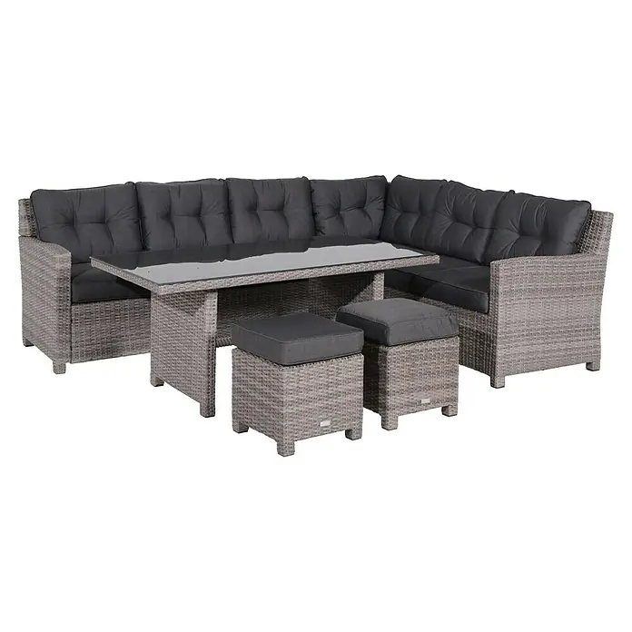 Garden Impressions Loungemöbel-Set Blue Bird - 5 -tlg., Aluminium, Polyester, Grau/Schwarz, Rechts - Graue Rattan-Garten-Ecksofa-Gruppe mit dunklen Kissen, Glastisch und zwei passenden Hockern.