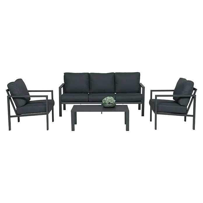 Garden Impressions Loungemöbel-Set Springs - 4 -tlg., Aluminium, Grau/Schwarz - Dunkelgraue Outdoor-Lounge-Gruppe: Dreisitzer-Sofa, zwei Sessel und Couchtisch mit Zierpflanze.