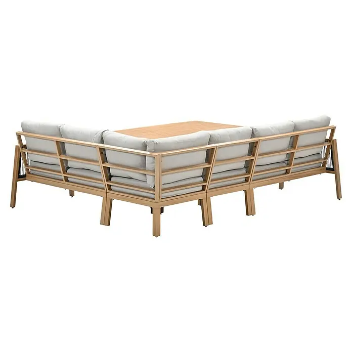 Garden Impressions Loungemöbel-Set Decala -  - Eck-Outdoorsofa mit hellem Holzrahmen und integriertem Tisch, ausgestattet mit hellen Kissen.