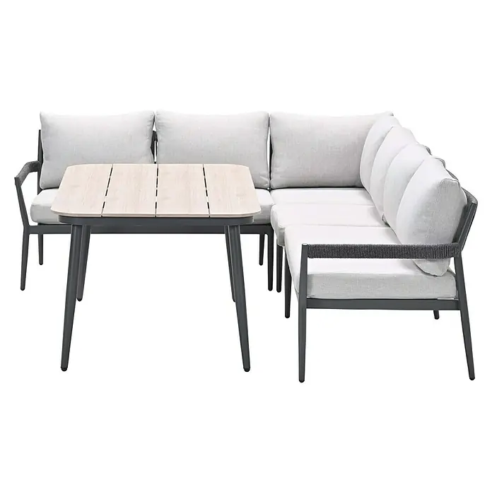 Garden Impressions Loungemöbel-Set Barcelona -  - Helles graues Outdoor-Ecksofa und passender Tisch mit Holzoptik-Platte und dunkelgrauen Rahmen.