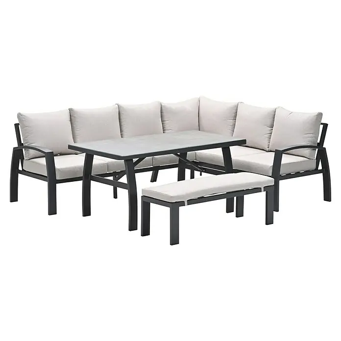 Garden Impressions Loungemöbel-Set Vasano - 4 -tlg., Aluminium, Keramik, Polyester, Rechts, Grau/Schwarz - Gartenset mit dunkelgrauem Metallgestell, hellgrauen Kissen, rechteckigem grauem Tisch und passender Bank.