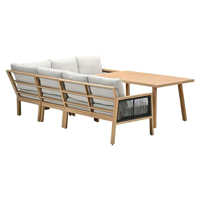 Garden Impressions Loungemöbel-Set Decala -  - Ecksofa aus hellem Holz für den Außenbereich mit hellgrauen Kissen und integriertem Holztisch, schwarzen Akzenten.