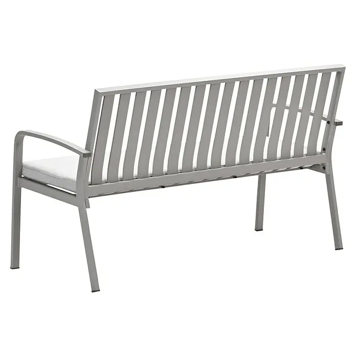 Garden Impressions Gartenbank Pisa - B x T x H: 150 x 52,5 x 89,5 cm, Aluminium, Polyester, Taupe - Graue Metall-Gartenbank mit weißem Kissen.