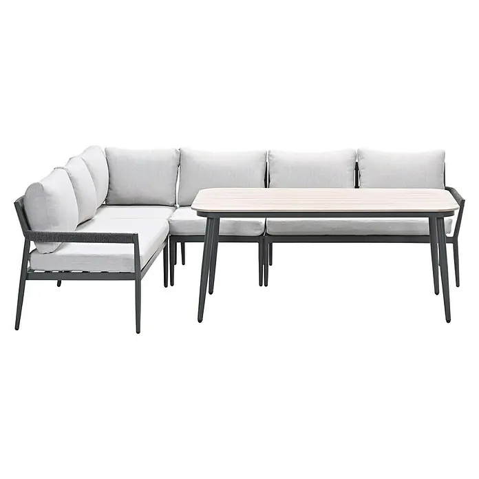 Garden Impressions Loungemöbel-Set Barcelona -  - Hellgraues Outdoor-Ecksofa-Set mit dunkelgrauem Rahmen und Tisch mit heller Holzplatte.